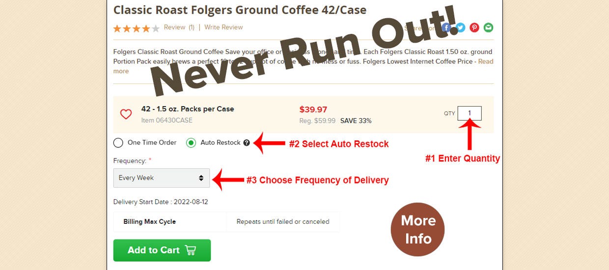 Discount Coffee Auto Restock Subscription Ordering Office Coffee, Tea, Hot Chocolate, Sugar, Coffee-mate, Cups, Weekly, Monthly