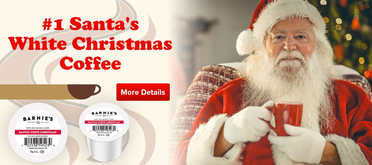 Shop Santa's White Christmas K-Cup Coffee, Holiday Gifts, Presents, Free Shipping, Barnie's Coffee Single Cups.