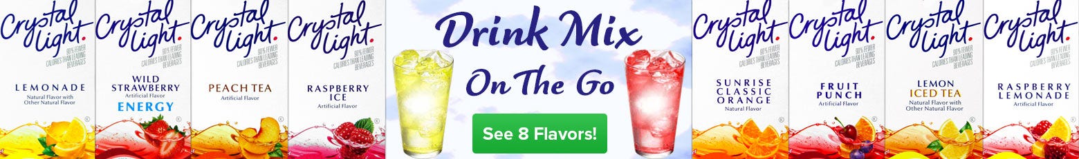 Crystal Light on the Go Drink Mix Flavors; Lemonade, Strawberry Energy, Peach Iced Tea, Raspberry Ice, Sunrise Orange, Raspberry Lemonade 30 ct.