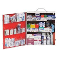 25 - 49 Person First Aid Safety Cabinet | Green Guard Emergency Medical Supplies Filled, Bandages, Eye Wash, Tablets, Ointment, .