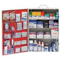 50 - 75 Person First Aid Safety Cabinet | Green Guard Emergency Medical Supplies Filled, Eye Wash, Gauze Bandages, Tablets, Ointment, .