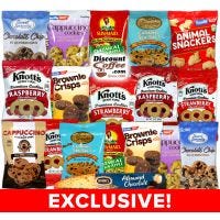 Chocolate Chip Cookie Assortment, Biscotti, Knott's Berry Farms, Sweet Serenity, Sun-Maid, Basil's Bavarian Bakery Vending Snacks.