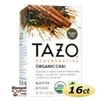 Tazo Chai Tea 16 ct. Box | Organic Black Tea, Spicy Cinnamon, Ginger, Cardamom, Clove, Star Anise Flavored Hot Tea Bags.
