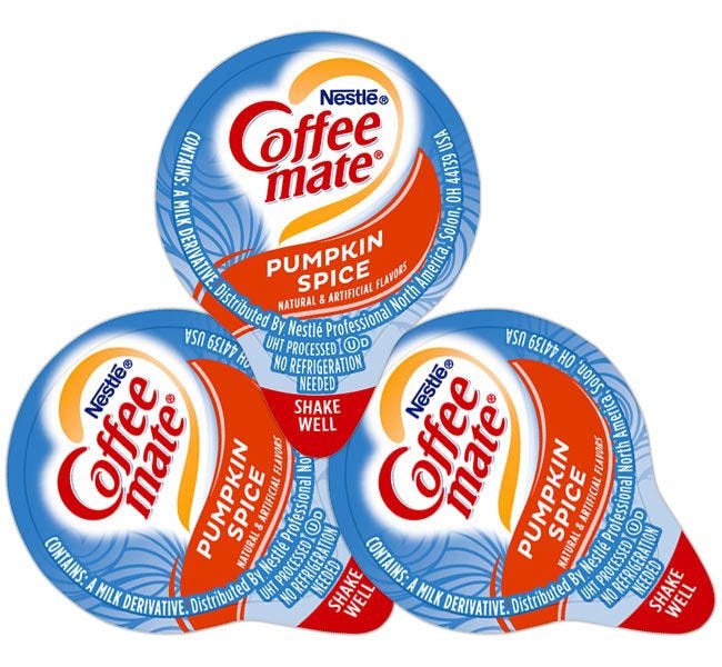 180 Pumpkin Spice Coffee-mate Creamer Tubs, Individual Servings, Non-Dairy Creamer, Thanksgiving Holiday Seasonal Flavor. 