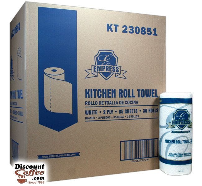 2-Ply Paper Roll Towels, FoodService Case, 30 count, 85 sheets, White, 8 inch x 11 inch, 100% recycled fiber.