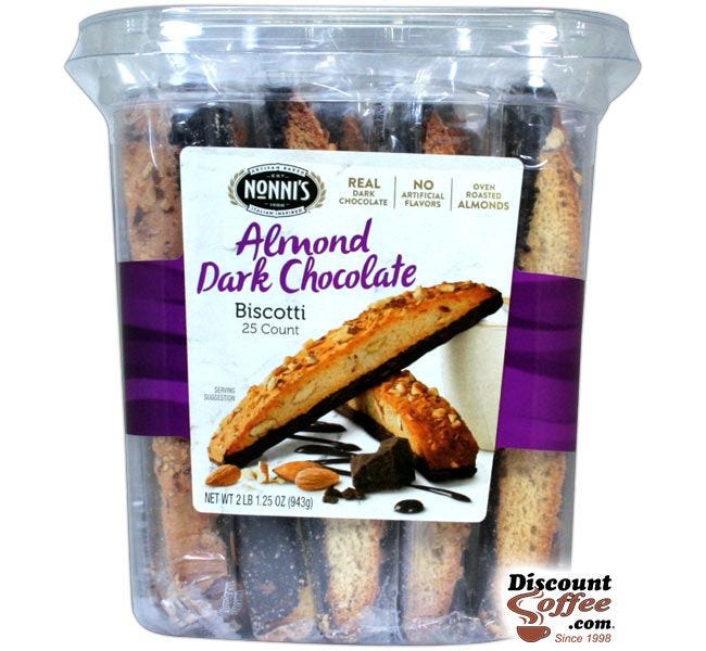 Nonni’s Biscotti Cookie Jar, Resealable Plastic Tub | Wrapped Almond Dark Chocolate Flavored Snacks