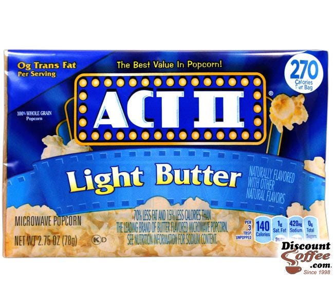 Act II Light Butter Microwave Popcorn Bag | 140 Calories, Gluten Free, 100% Whole Grain, 0g Trans Fat, 36 ct. Case.