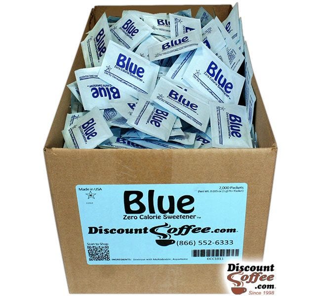 Artificial Sweetener Blue Packets Bulk Case | Compare Equal Brand, Save! 2,000 ct. Case, 500 ct. Bag, 100 ct. Bags.