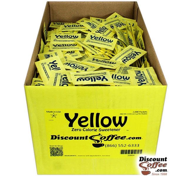 Artificial Sweetener Yellow Packets Bulk Case | Compare Splenda Brand, Save! 2,000 ct. Case, 500 ct. Bag, 100 ct. Bags.