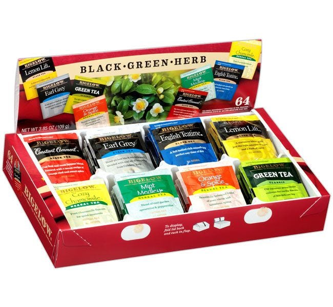 Bigelow 8 Flavor Tea Bag Assortment 64 ct. Tray | Constant Comment, Earl Grey, Green Tea, Lemon Lift, Mint Medley, Orange Spice, Chamomile, English Teatime.