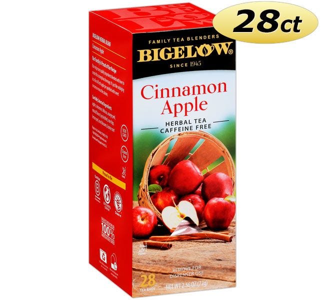 Bigelow Cinnamon Apple Herb Tea Bags 28 ct. Box | Apple Cinnamon Spice Flavored Hot Beverage Herbal Drink.