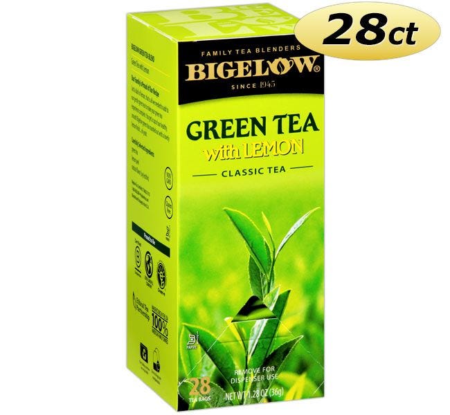 Bigelow Green Tea with Lemon Tea Bags 28 ct. Box | Natural Antioxidant Tea Single Cup Hot Beverage Drink. Kosher.