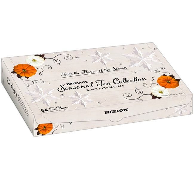 Bigelow Seasonal Flavored Tea Gift Tray, Eggnogg'n, Pumpkin Spice, Peppermint Bark, Caramel Apple, Hot Cinnamon, Cranberry Harvest, Salted Caramel, Ginger Snappish Black and Herbal Tea.