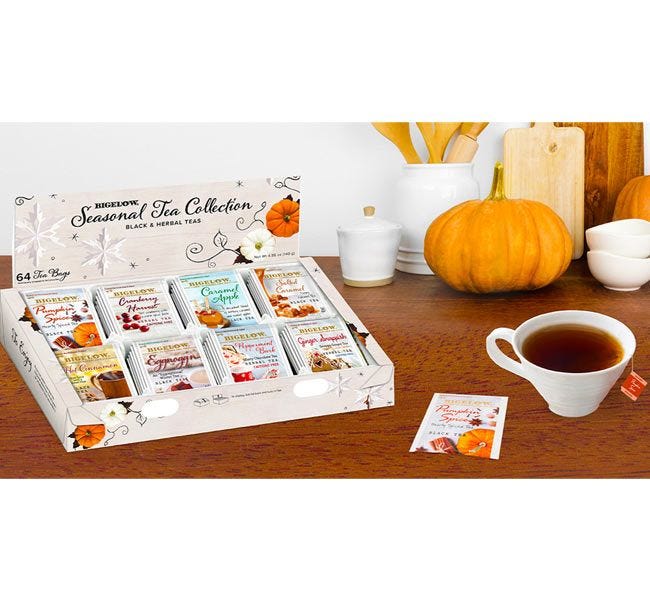 Bigelow Seasonal Tea Collection Tray. 64 Black and Herbal Tea Bags, 8 Holiday Flavors.