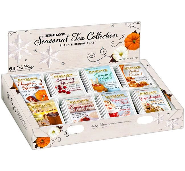 Bigelow Seasonal Tea Tray Assortment. 64 Herbal and Black Tea Flavors, Pumpkin, Peppermint, Eggnog, Caramel, Apple, Cinnamon, Ginger, Cranberry.