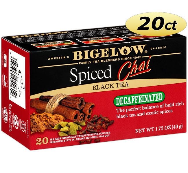 Bigelow Spiced Chai Decaf Chai Tea 20 ct. Box | Decaffeinated Black Tea, Gluten Free, Kosher