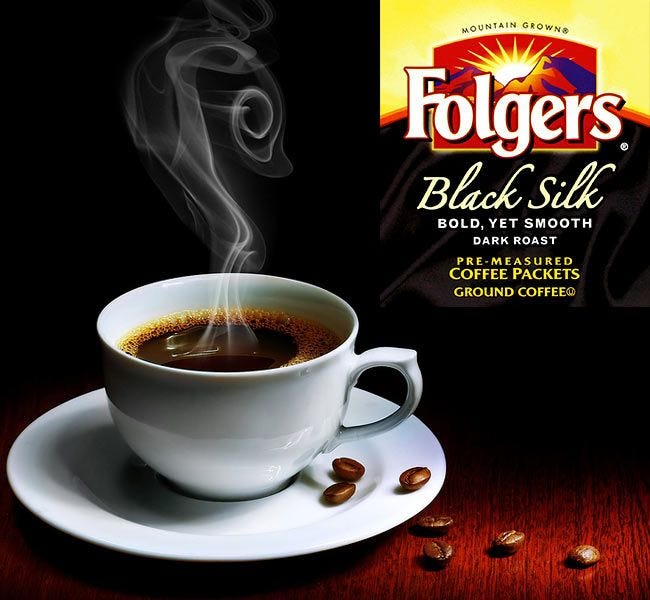 Dark Roast Folgers Black Silk Coffee Cup.  Bold, Smooth Black Coffee Flavor!