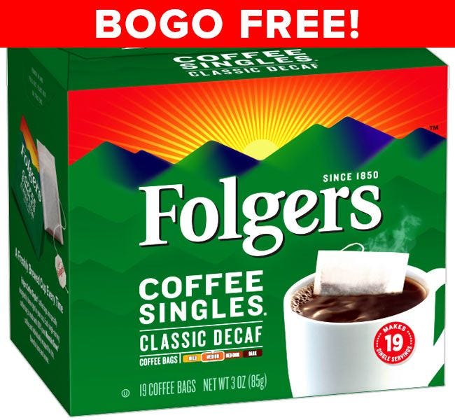 BOGO FREE Sale! Decaf Folgers Classic Roast Singles