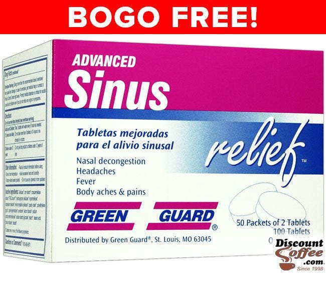 BOGO FREE Sale! Green Guard Sinus relief Tablets 100 ct. Box | Compare Sinutab. 50 Packets of 2 Tablets, No Sugar, No Aspirin, No Sodium.
