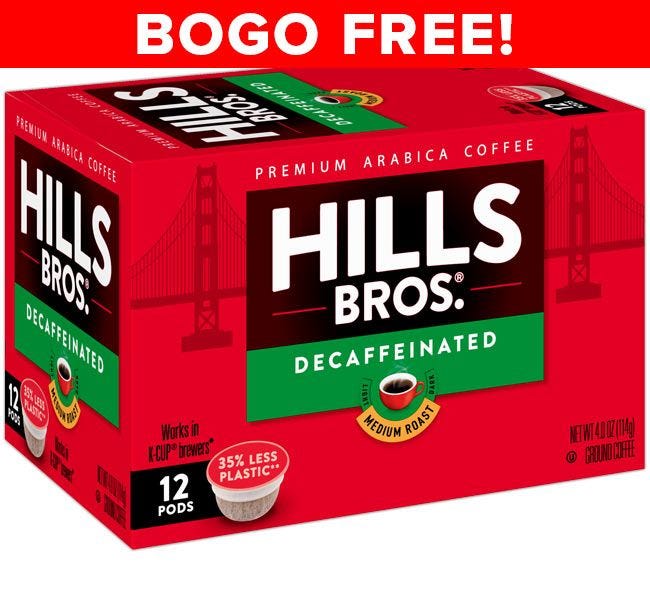 BOGO FREE Sale! Hills Bros Decaf Coffee box, 24 count single cup pods | 99.7% Caffeine Free, 100% Arabica Coffee.