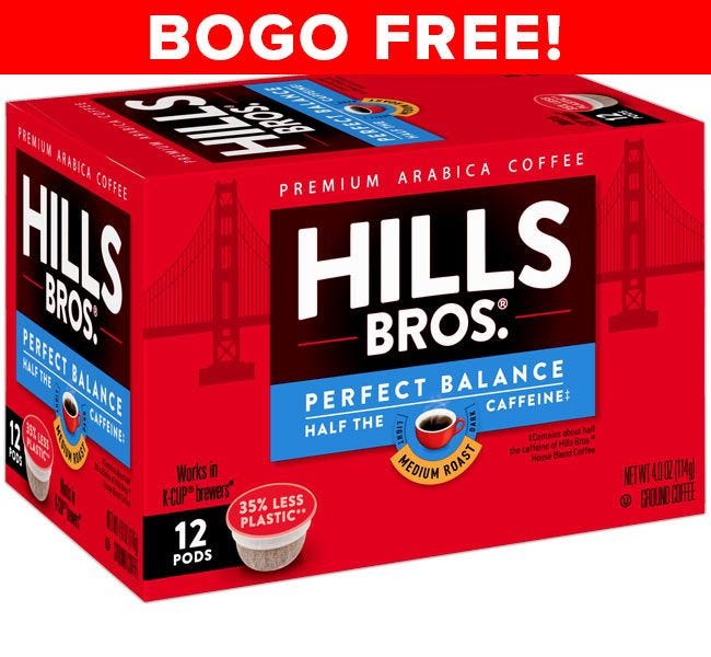 BOGO FREE Sale! Hills Bros. Perfect Balance Pods | Half Caff Decaf Ground Coffee, Medium Roast