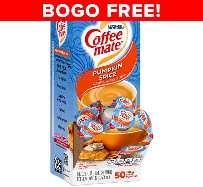 BOGO FREE Sale! Pumpkin Spice Nestle Coffee-mate seasonal, non-dairy creamer 50 count boxes for the holidays. 