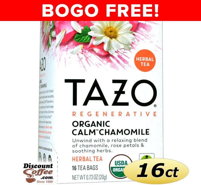 BOGO FREE Sale! Tazo Calm Chamomile Tea 16 ct. Box | Herbal Tea, Chamomile, Hibiscus, Spearmint, Rose, Lemongrass, Blackberry, Peppermint, Sarsaparilla, Licorice Flavors.
