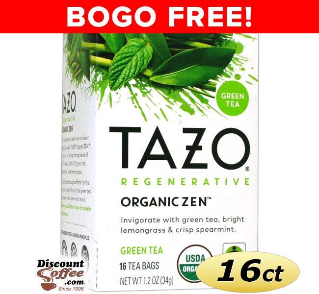 BOGO FREE Sale! Tazo Zen Tea 16 ct. Box | Green Tea, Lemon Verbena Leaves, Lemongrass, Spearmint Leaves Flavored Hot Tea Bags.