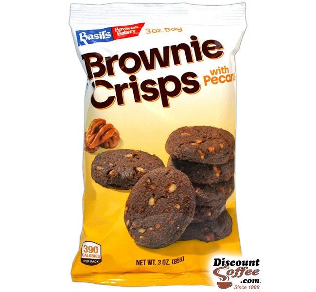 Brownie Crisps Pecans Cookies 3 oz. Bag, Basil's Bavarian Bakery snack cookies. Kosher. 