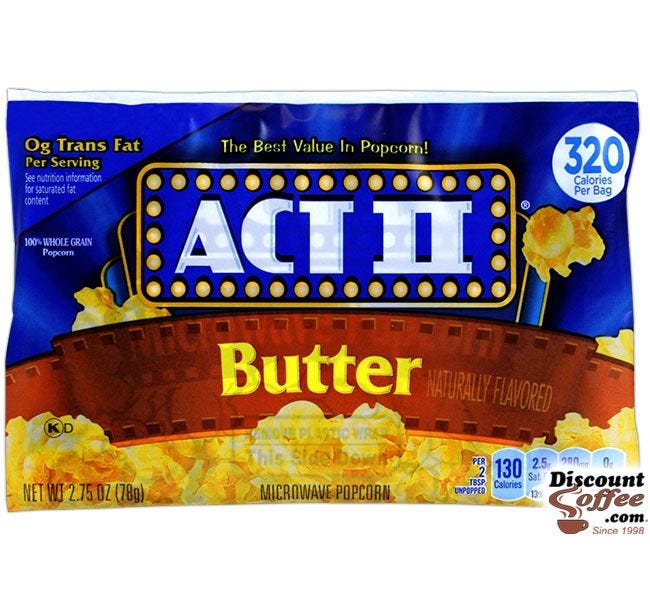 Butter Act II Microwave Popcorn Bags | Gluten Free, 100% Whole Grain, 0g Trans Fat, 130 Calories, 36 ct. Case.