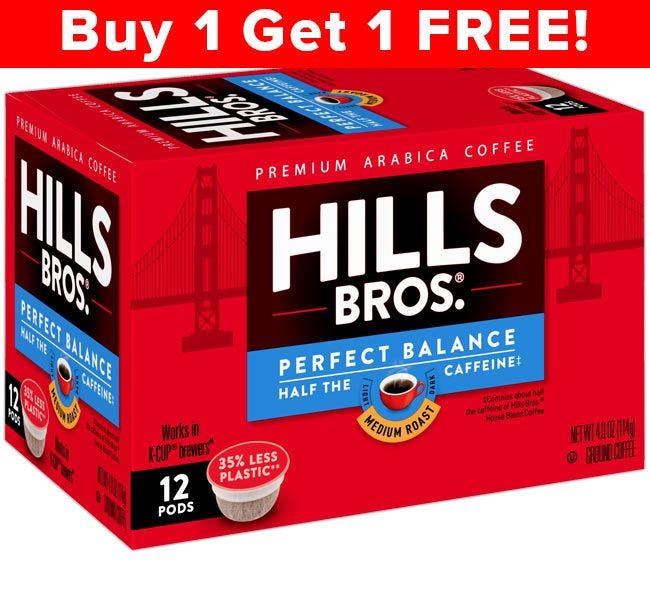 Buy 1 Get 1 FREE! Hills Bros. Perfect Balance Pods | Half Caff Decaf Ground Coffee, Medium Roast