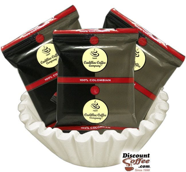 Cadillac 100% Colombian Coffee | Ground Medium Roast, Free Coffee Filters, 1.35 oz. Packs, 36 ct. Case.