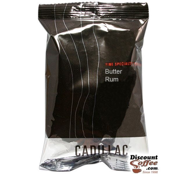 Cadillac Butter Rum Flavored Coffee | Ground Medium Roast Gourmet Desert Coffee, 1.5 oz. Bags, 24 ct. Case.