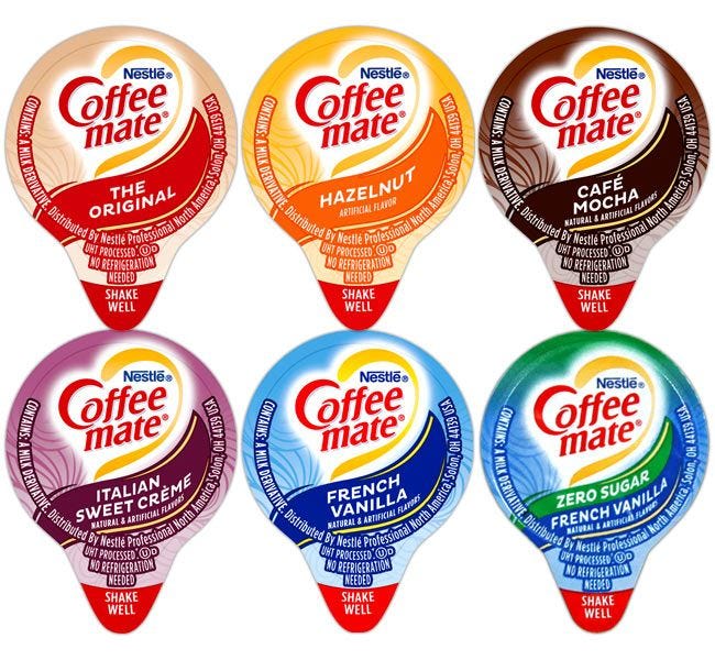 Original Coffee-mate Creamer Assortment, Italian Sweet Creme, Hazelnut, Cafe Mocha, French Vanilla, Zero Sugar French Vanilla.