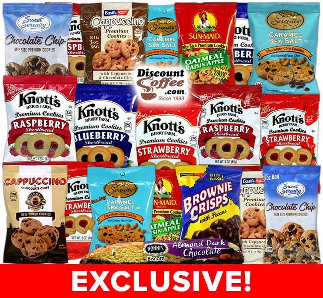 Chocolate Chip Cookie Assortment, Biscotti, Knott's Berry Farms, Sweet Serenity, Sun-Maid, Basil's Bavarian Bakery Vending Snacks.