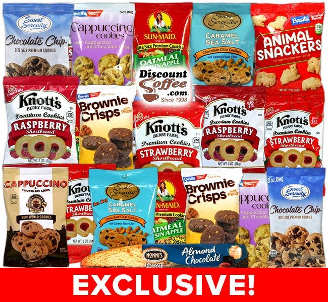 Chocolate Chip Cookie Assortment, Biscotti, Knott's Berry Farms, Sweet Serenity, Sun-Maid, Basil's Bavarian Bakery Vending Snacks.