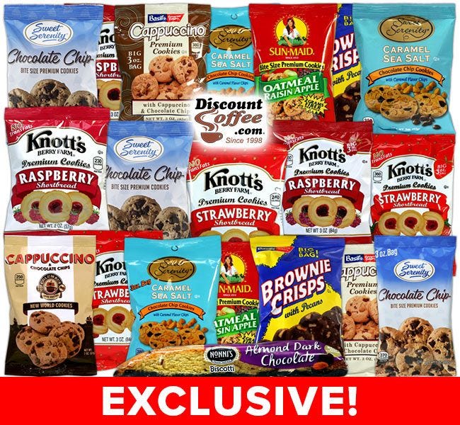 Chocolate Chip Cookie Assortment, Biscotti, Knott's Berry Farms, Sweet Serenity, Sun-Maid, Basil's Bavarian Bakery Vending Snacks.