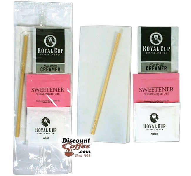 Clear Wrapped Condiment Packets, Napkin, Sugar Packet, Pink Artificial Sweetener, Royal Cup Coffee Creamer, Wood Stir Stick
