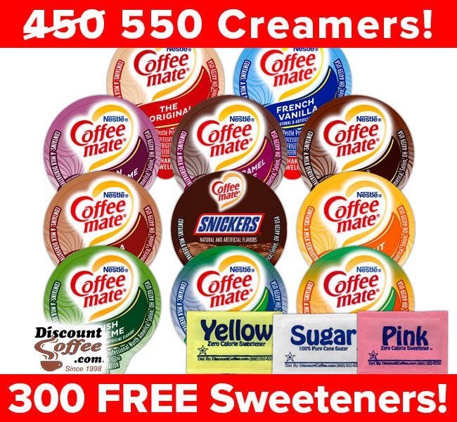 Assorted Nestle Coffee-mate non-dairy, liquid creamer variety pack – 11 Flavors, 300 Free Sweeteners.