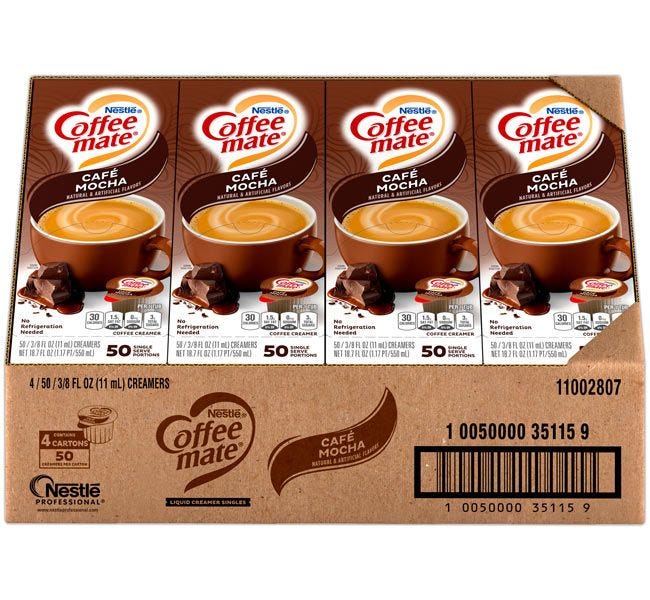 Coffee-mate Cafe Mocha Creamer Case, 4 / 50 ct. Gravity Fed Dispenser Boxes.