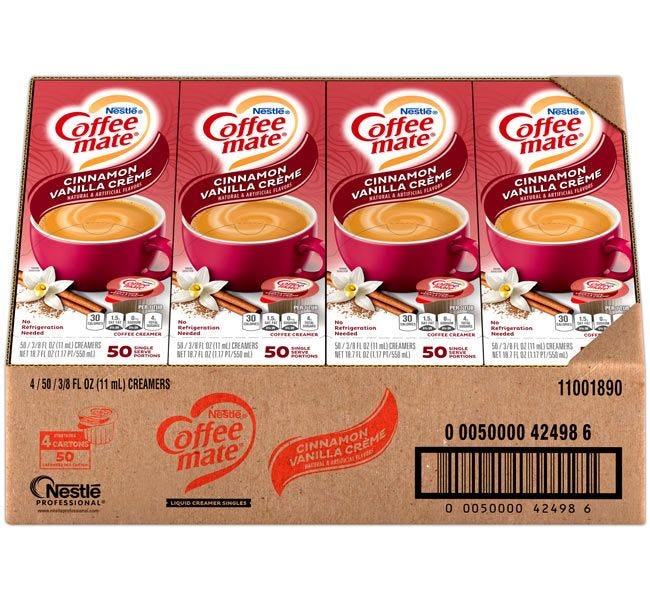 Coffee-mate Cinnamon Vanilla Creme Creamer Case, 4 / 50 ct. Gravity Fed Dispenser Boxes.