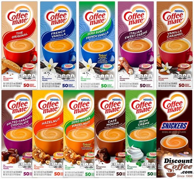 Coffee mate flavored creamers variety pack: Original, French Vanilla, Salted Caramel, Italian Sweet Creme, Hazelnut, Vanilla Caramel, Cafe Mocha, Irish Creme.