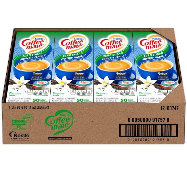 Coffee-mate Zero Sugar Free French Vanilla Creamer Case, 4 / 50 ct. Gravity Fed Dispenser Boxes.