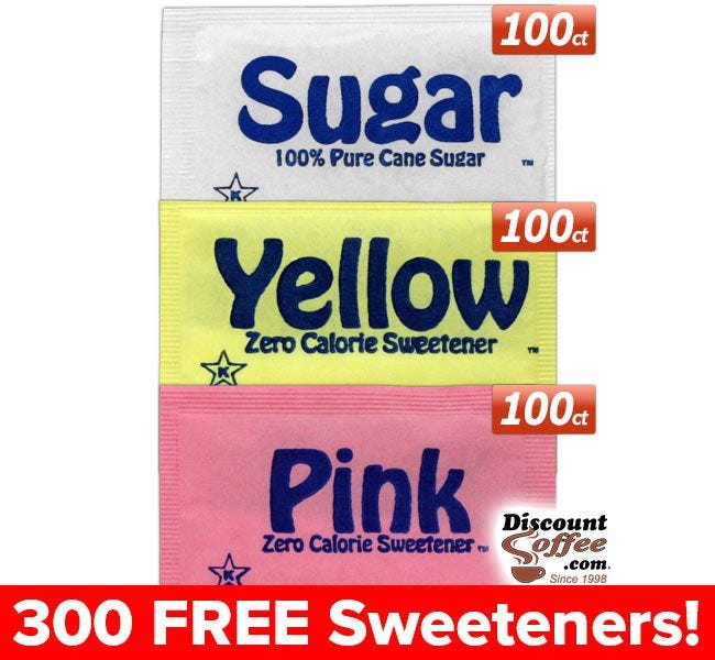 Free artificial sweetener packets. Compare Splenda Sucralose, Sweet n’Low Saccharin. Pure Cane Granulated Sugar.