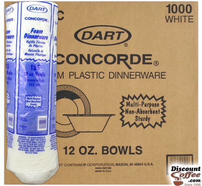 Dart 12 oz. Styrofoam Bowls | 125 ct. Wrapped Bags, 1,000 ct. Case, No CFC's White Foam Dinnerware, Tableware, Made in U.S.A.