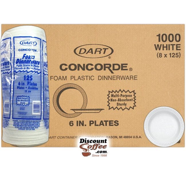 Dart Concorde 6 Inch White Styrofoam Plates 1,000/Case, 6PWC