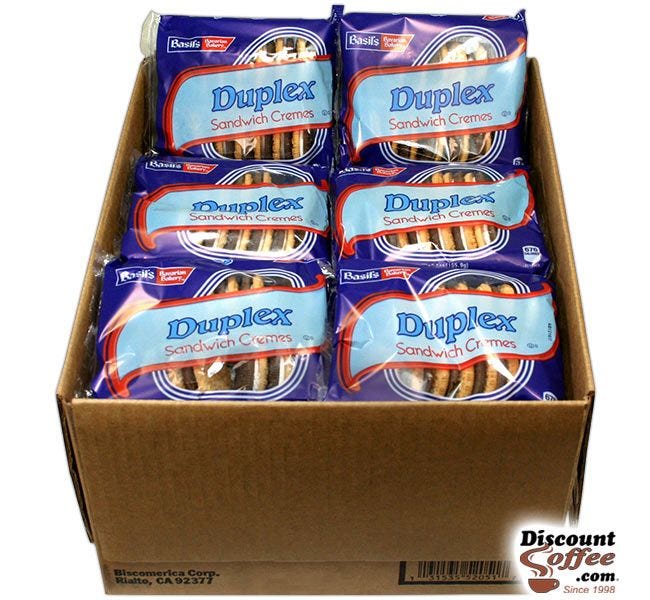 Duplex Sandwich Cremes 24 ct. Case | 5 oz. Snack Size Bags, Basil's Bavarian Bakery Bulk Vending Machine Cookies.