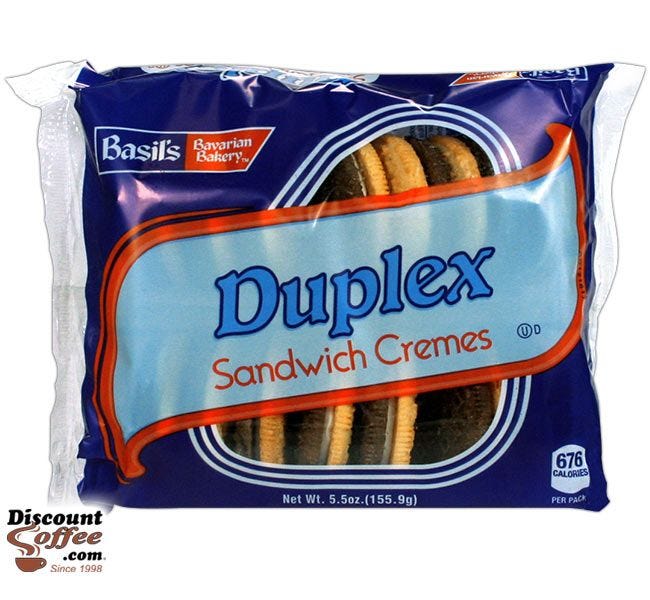 Duplex Sandwich Cremes Cookies 5 oz. | Biscomerica Basil's Bavarian Bakery Vending Snack Cookies, Kosher, 24 ct. Case.