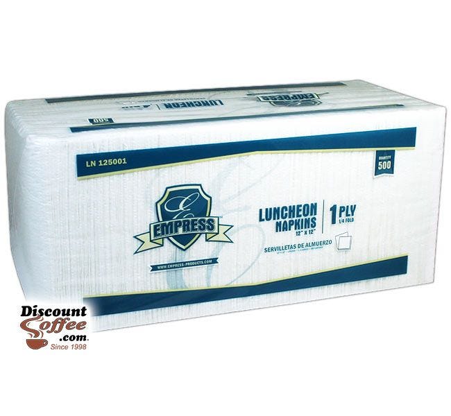 Empress Lunch Napkins, 500 Count Poly Packaged, 1 Ply, 1/4 Fold, 12 in. x 12 in. White Paper Napkins, 100% Recycled.