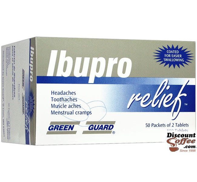 Green Guard Ibupro relief Tablets 100 ct. Box | Compare Advil. Headaches, Toothache Pain, Menstrual Cramps, Muscle Aches 2 Tablet Packets.